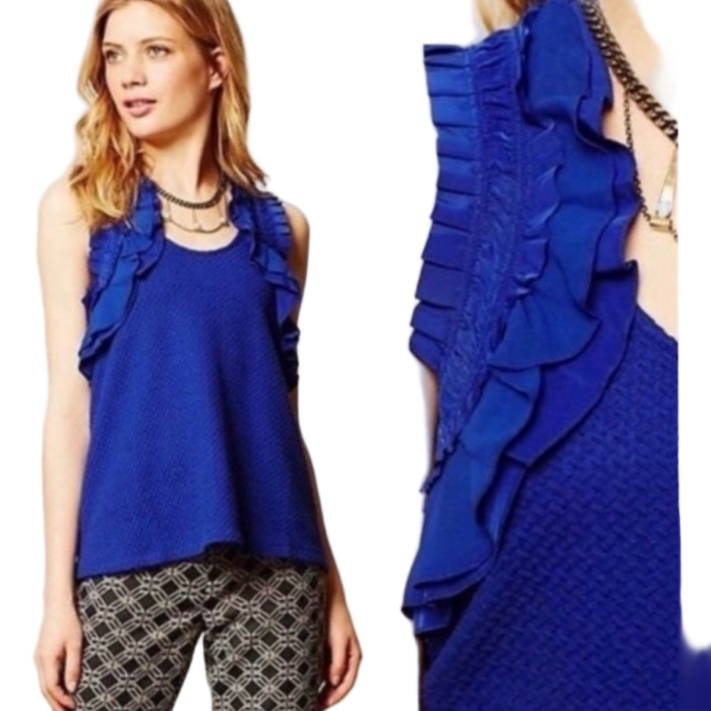 🚂Anthropology Deletta Royal Blue Ruffle Blouse size M Sleeveless GUC..